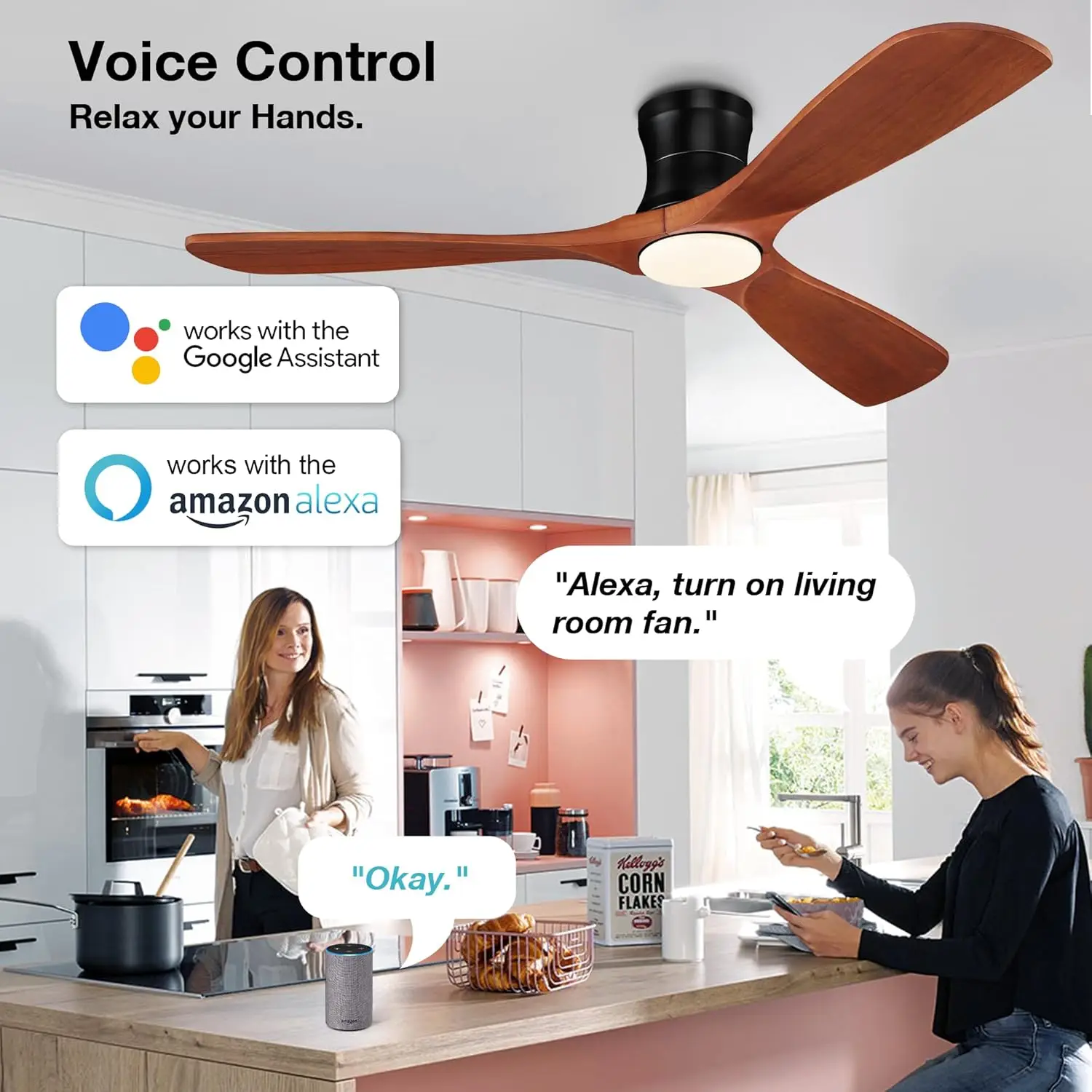 52” Smart Wood Low Profile Ceiling Fans with Lights Remote,Quiet DC Motor,Outdoor Indoor Flush Mount Ceiling Fan,Voice Control v