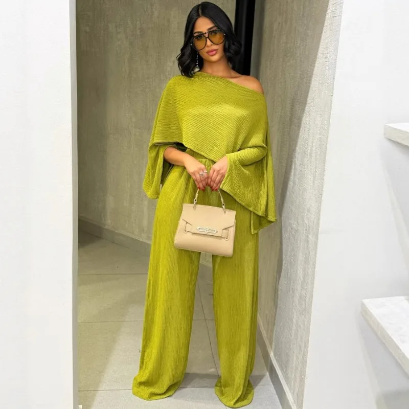 African Pleated 2 Piece Outfits for Women One Shoulder Irregular Cape Sleeve Crop Top Wide Leg Pants Solid Casual Matching Suit
