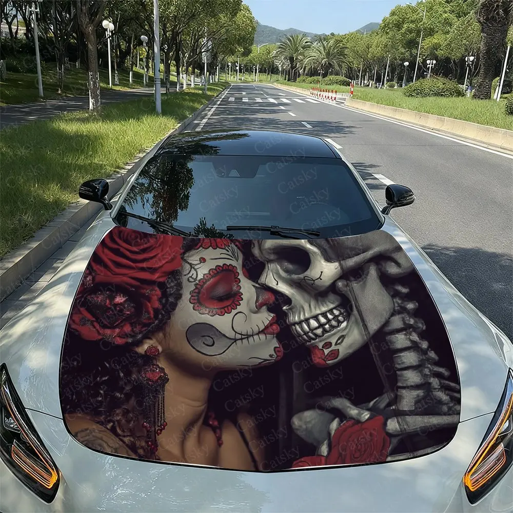 

Gothic Horror Sugar Skeleton Car Hood Vinyl Wraps, PVC Waterproof Car Bonnet Decals, Self-Adhesive Scratch-Resistant Stickers Fo