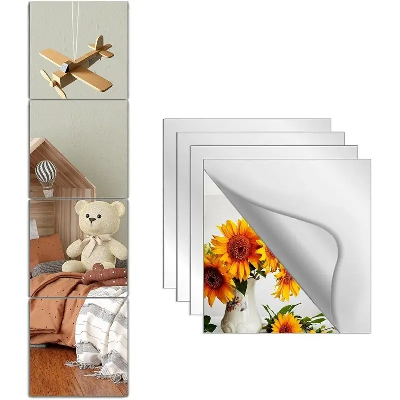 ABMH-Shatterproof Unbreakable Mirror Tiles 8 Pcs 16X12 In Peel And Stick Format For Wall Decoration