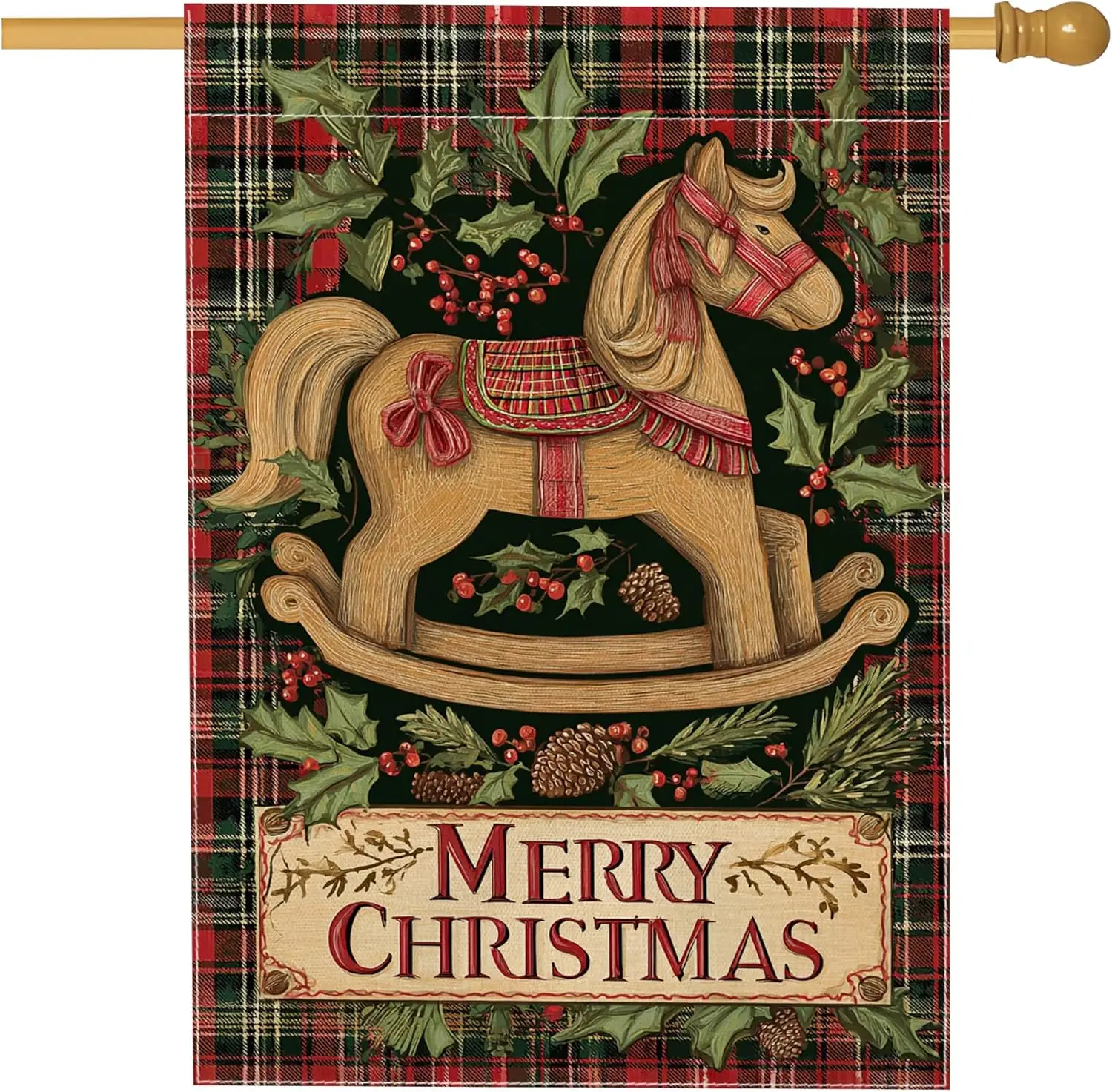 Rocking Horse House Flag, Christmas Rustic Holly Pine Cone Xmas Red Burlap Double Sided Outside Large Garden Flag for Outdoo GGX