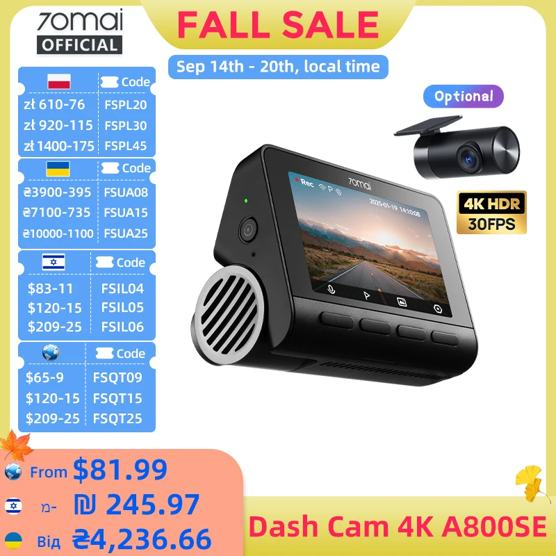 70mai A800SE 4K Car DVR Support Rear or Interior Cam 24H Parking Mode GPS ADAS Upgraded Version of 70mai A800S
