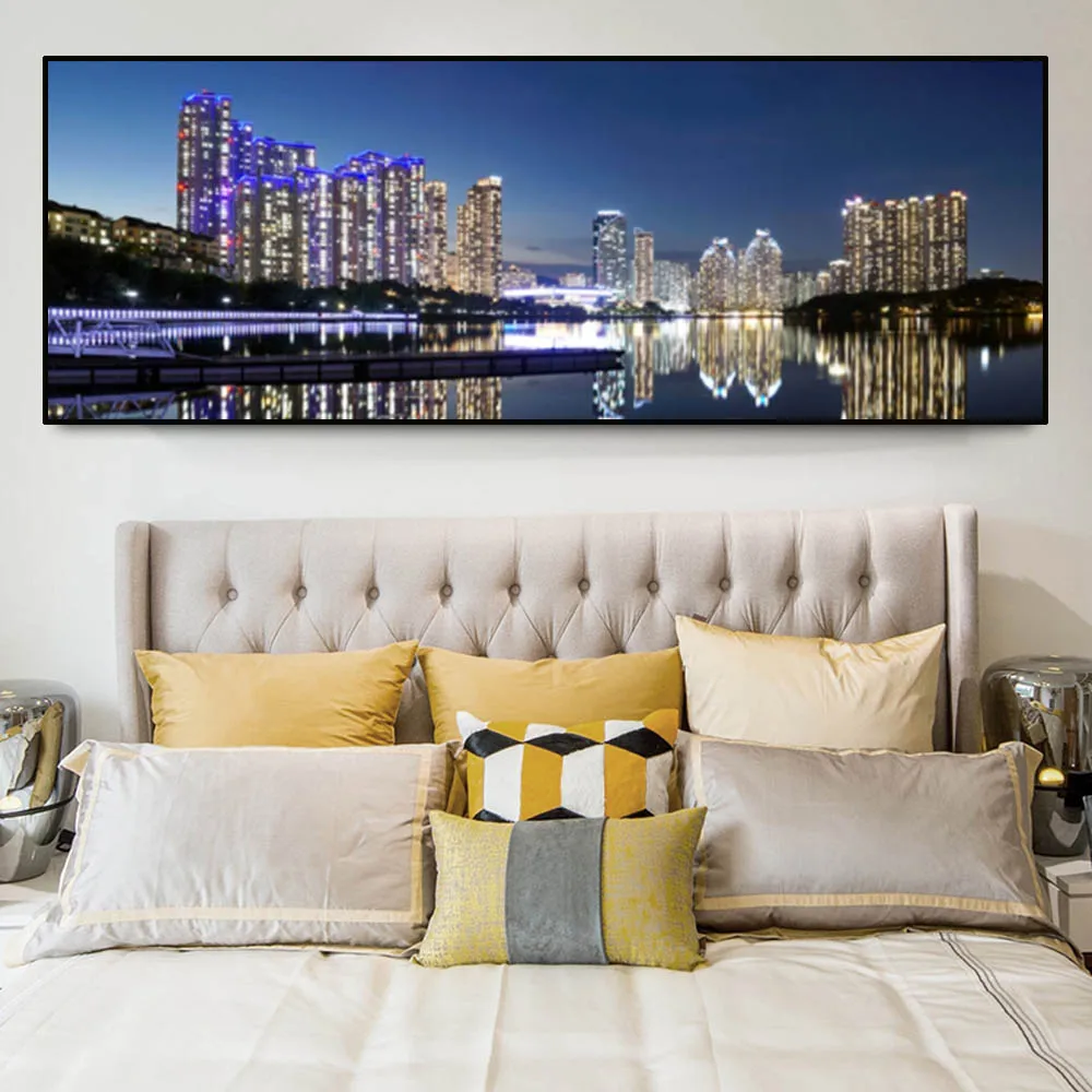 City Night Landscape Wall Art Picture, Skyscrapers Canvas Painting, Poster Prints, Living Room, Bedroom, Dining, Home Decor