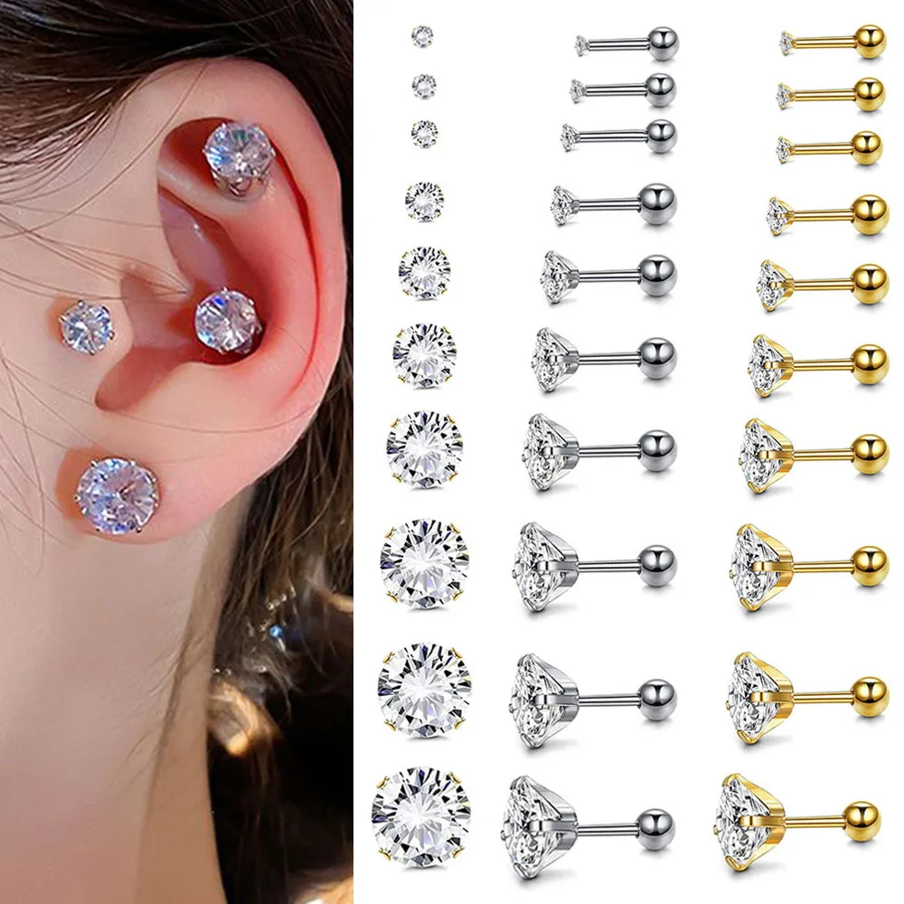 1PC Surgical Steel Gold Plated/Silver Zircon Ear Cartilage Tragus Helix For Men/Women Earring Daith Stud Lobe Piercing Jewelry