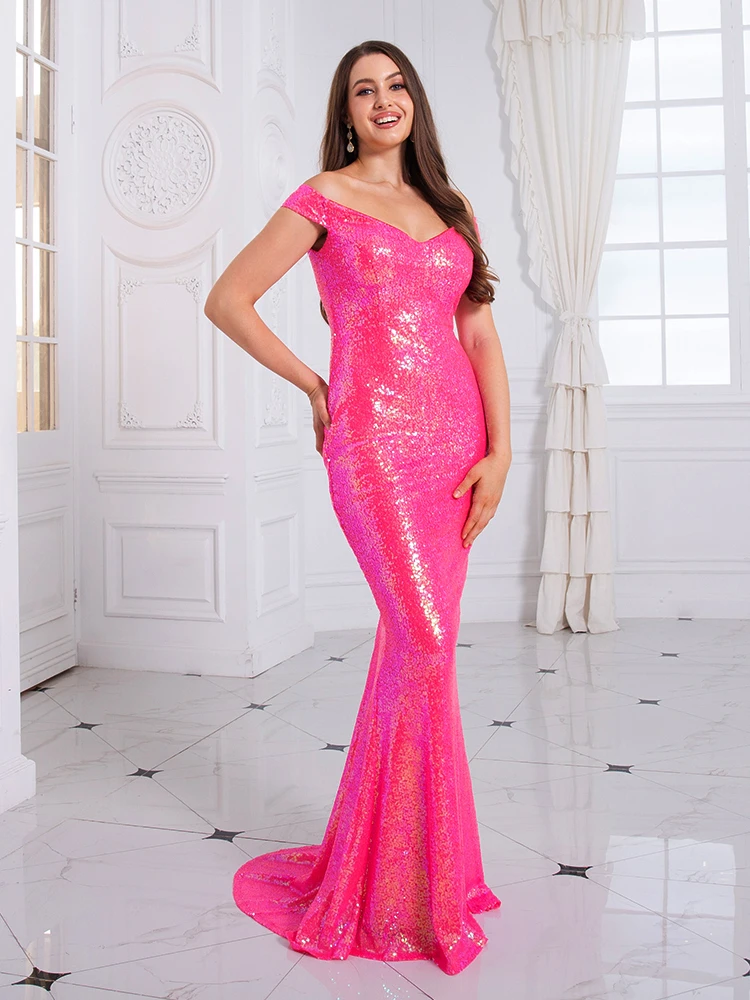 

NEW Sparkles Stretch Pink Sequin Off Shoulder Party Dress Full Lining Bodycon Tight Package Hips Padded Evening Night Club Dress