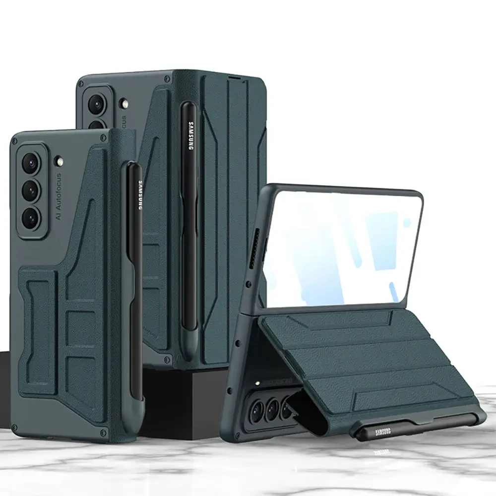 for Samsung Galaxy Z Fold 5 Warrior Leather Case Shell-membrane Integration with Detachable Pen Holder Anti-drop Cover