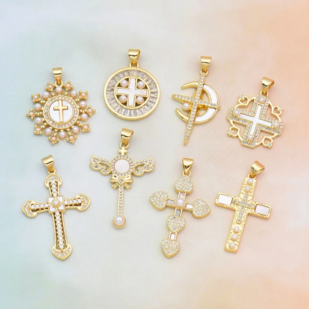 1 Piece Copper Plated Gold Shell Pendant for DIY Necklace Jewelry Making Accessories Cross Micro Inlay Pearl Zircon Hollow Charm