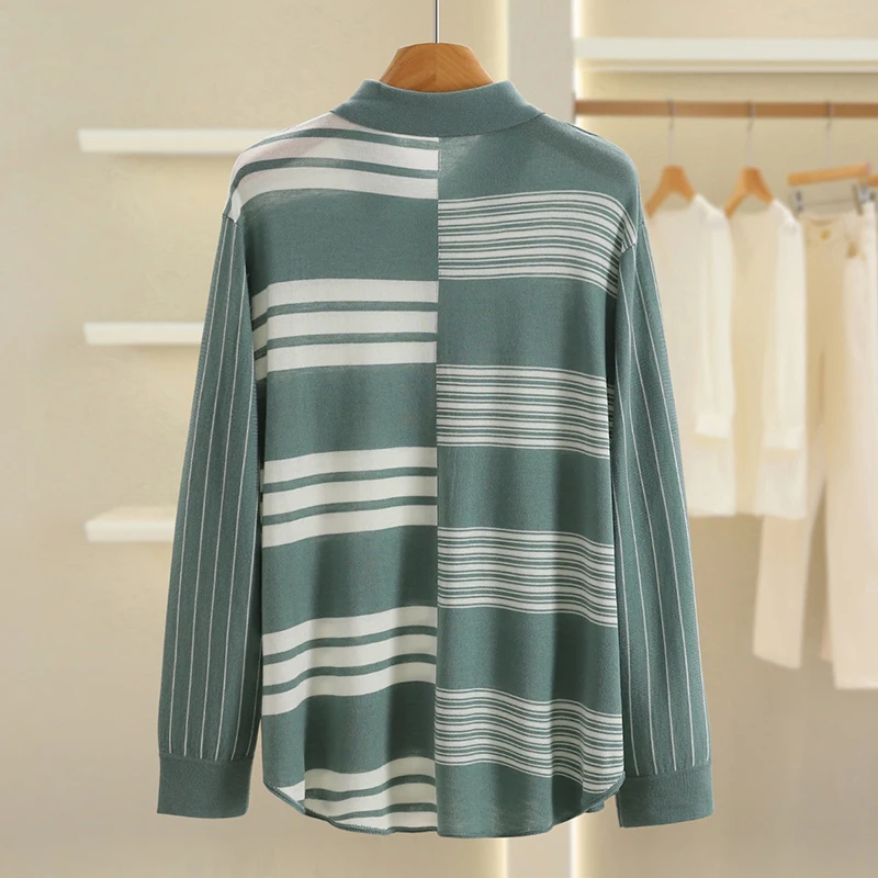 سترة نسائية محبوكة فضفاضة مفتوحة كاجوال مخططة اللون بلو سبليت طوق سترة الخريف Faion السيدات قسط متماسكة... #2