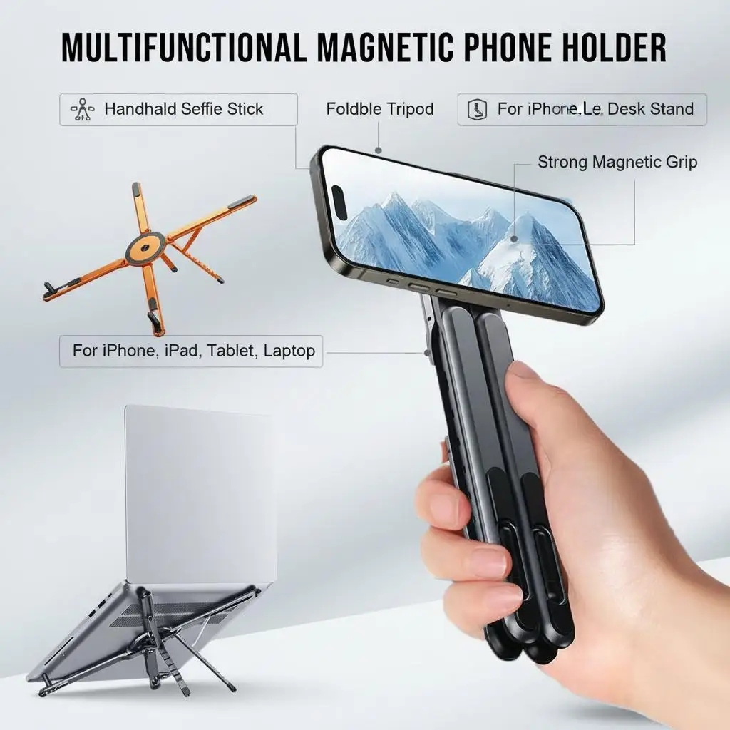 

Magnetic Phone Holder Handheld Selfie Stick Tripod Foldable Desk Stand for iPhone 17 16 iPad Tablet Laptop Bracket