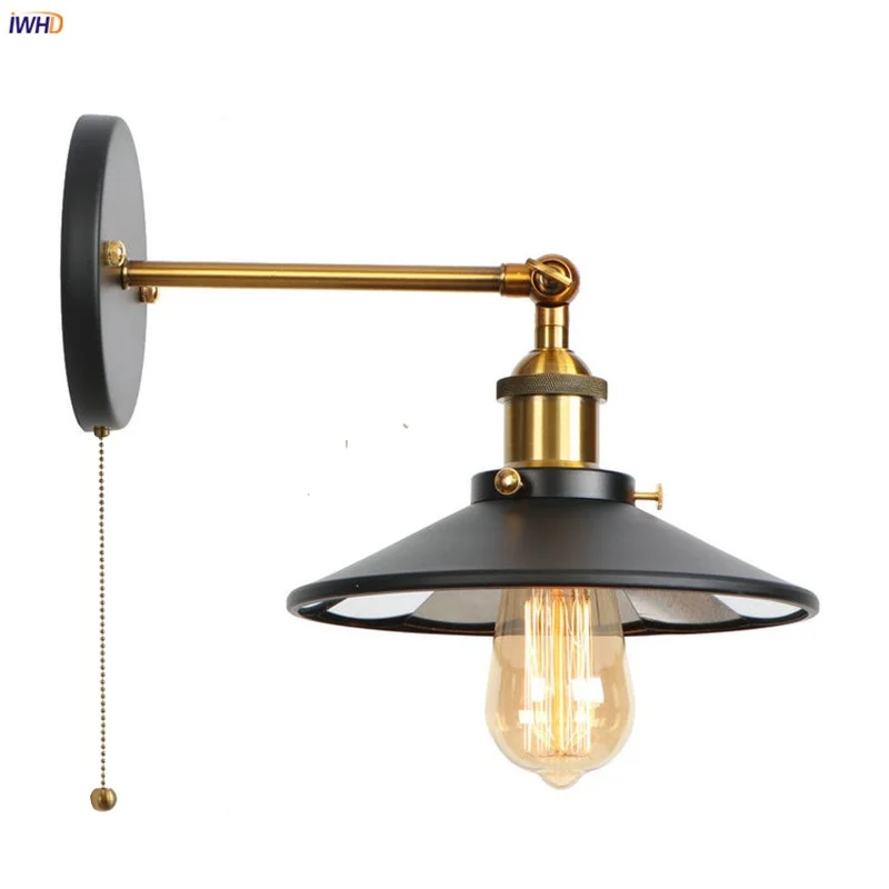 IWHD Industrial Lens Pull Chain Switch LED Wall Lamps Loft Stair Light Fixtures Coffee Bar Bedroom Bedside Lamp Gold Luminaire