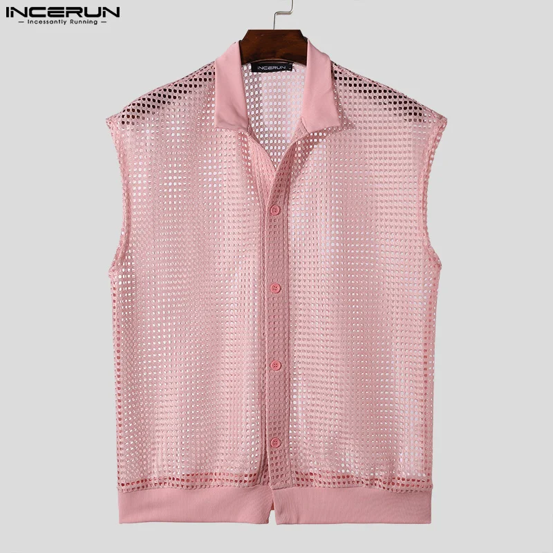 INCERUN Tops 2024 Korean Style Sexy Fashion Mens Hollow Mesh Design Shirts Casual Streetwear Male Summer Sleeveless Blouse S-5XL