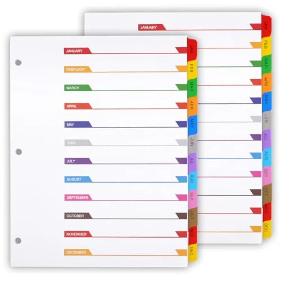 Separadores mensuales para archivador de 3 anillas, separadores de enero a diciembre para archivador de 3 anillas, 12 pestañas multicolor con cuadros