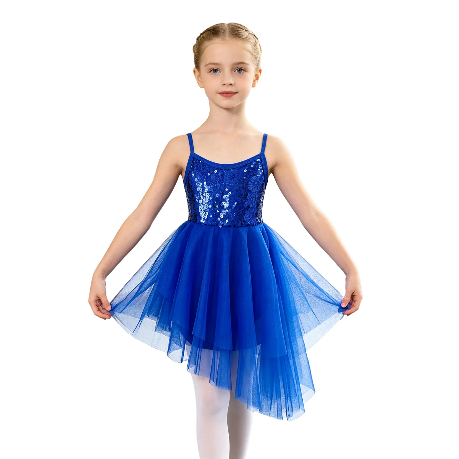 Kids Girls Sequins Tulle Ballet Dance Dress Asymmetrical Tulle Ballet Performance Costume Sleeveless Gymnastics Leotard Dress