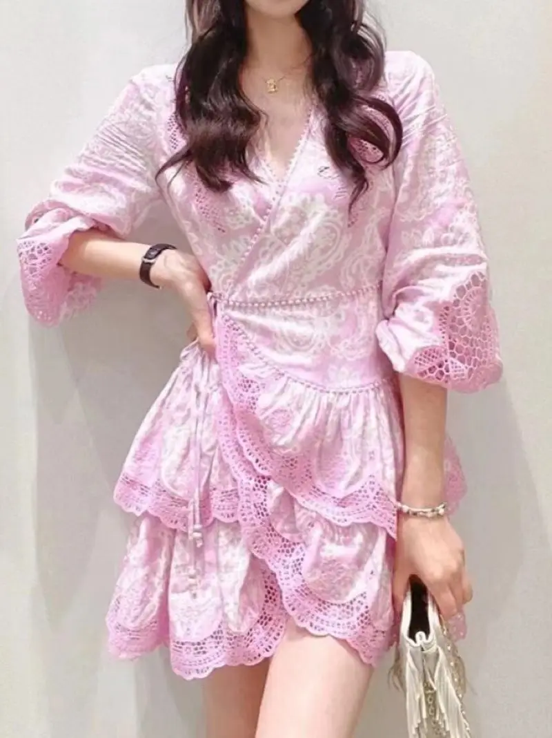 Women Floral Printed Dress Lace Hollow Out V-Neck Lantern Sleeve Ruffles Spliced Holiday Autumn 2024 Mini Robe