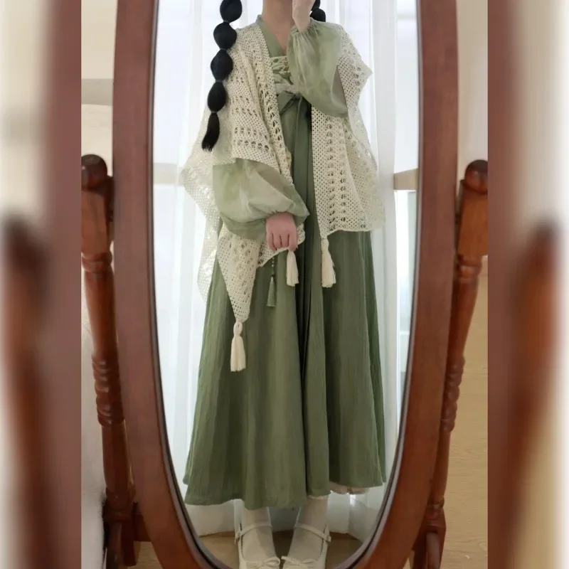 Chinese Traditional Women Hanfu Dress Tang Dynasty Style White Shawl Green Top Rabbit Embroidered Dress Hanfu Carnival Costumes