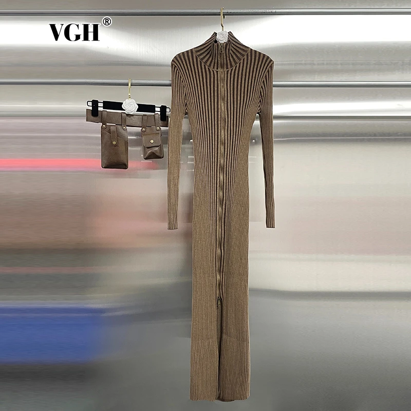 

VGH Y2K Solid Patchwork Zipper Knit Dress For Women Turleneck Long Sleeve Slim Spliced Pockets Tunic Maxi Dresses Female Clothes