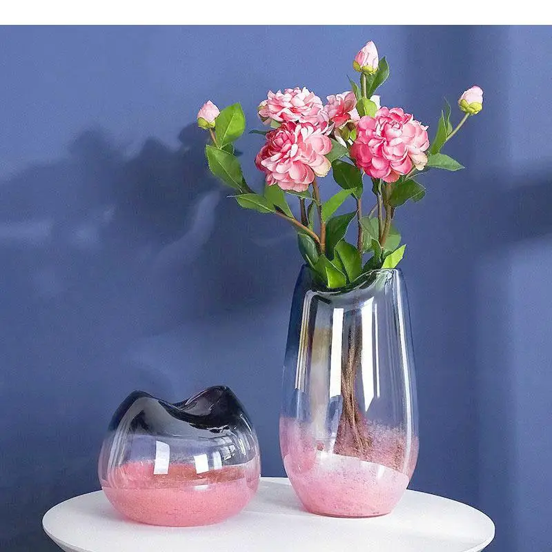 Gradient Pink Glass Vase Transparent Hydroponic Flower Pots Desk Decoration Artificial Decorative Floral Arrangement