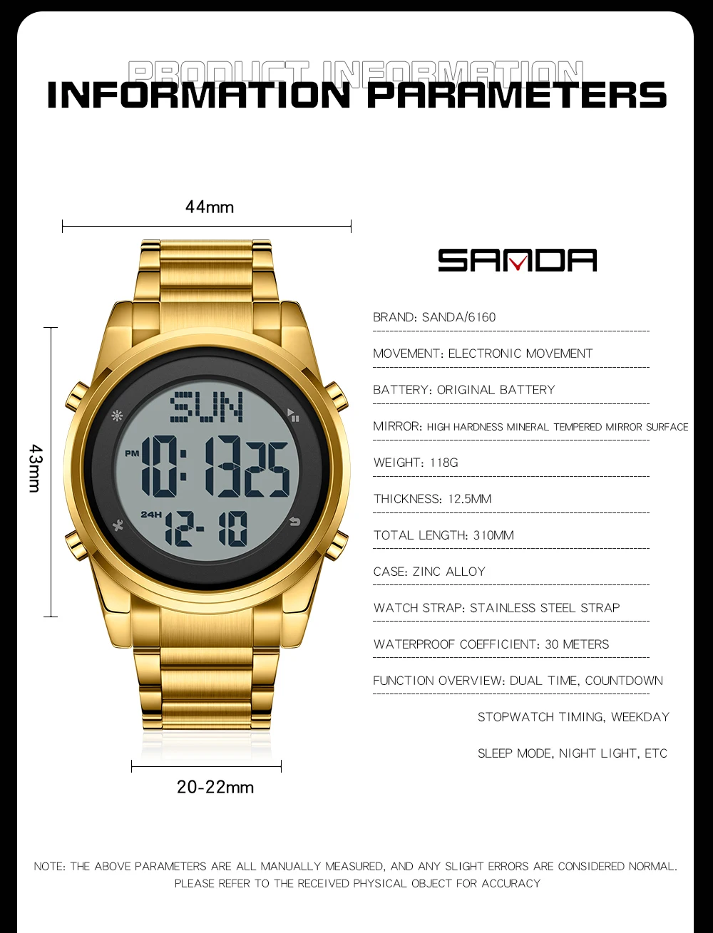 Sanda 6160 New Fashion Stainless Steel Strap Digital Movement Trendy Outdoor Sports Mode Teenager Students Wrist Stop Watch