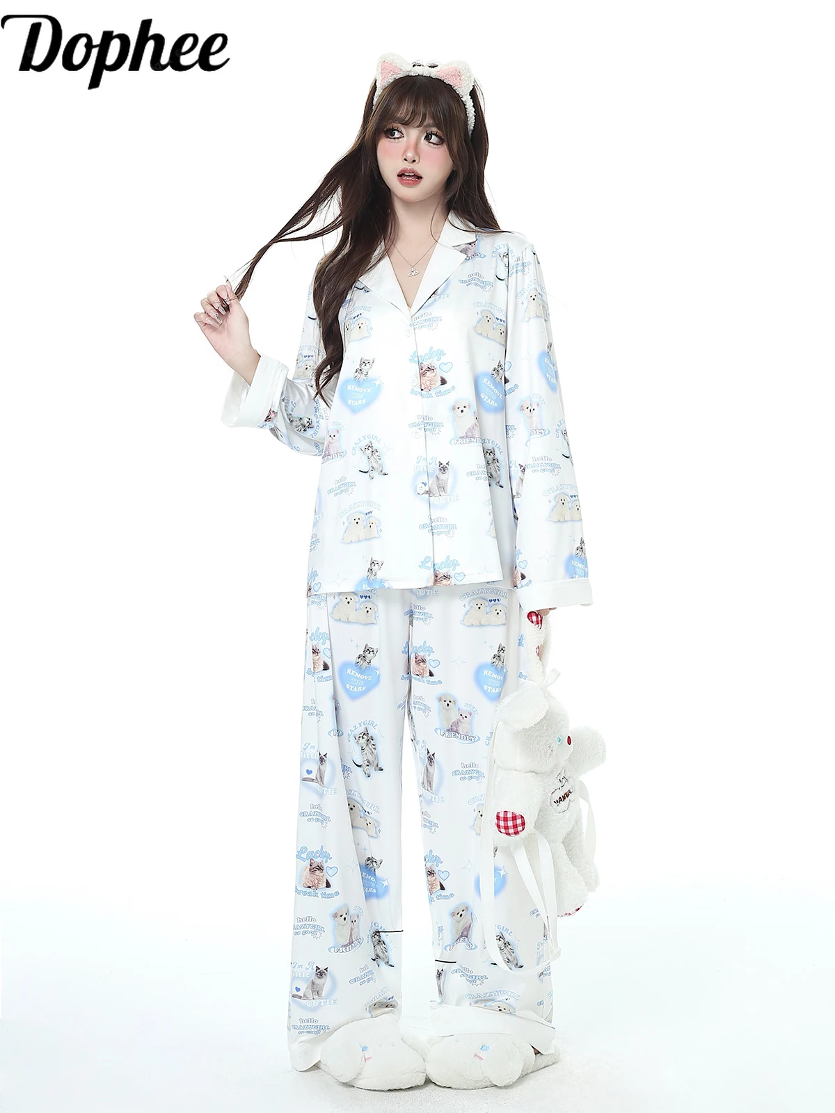 

Dophee Original Autumn Long Sleeve Women Pajama Sets Cute Cats Printing Comfortable Nightwear Home Wear Girls Pajama Pants