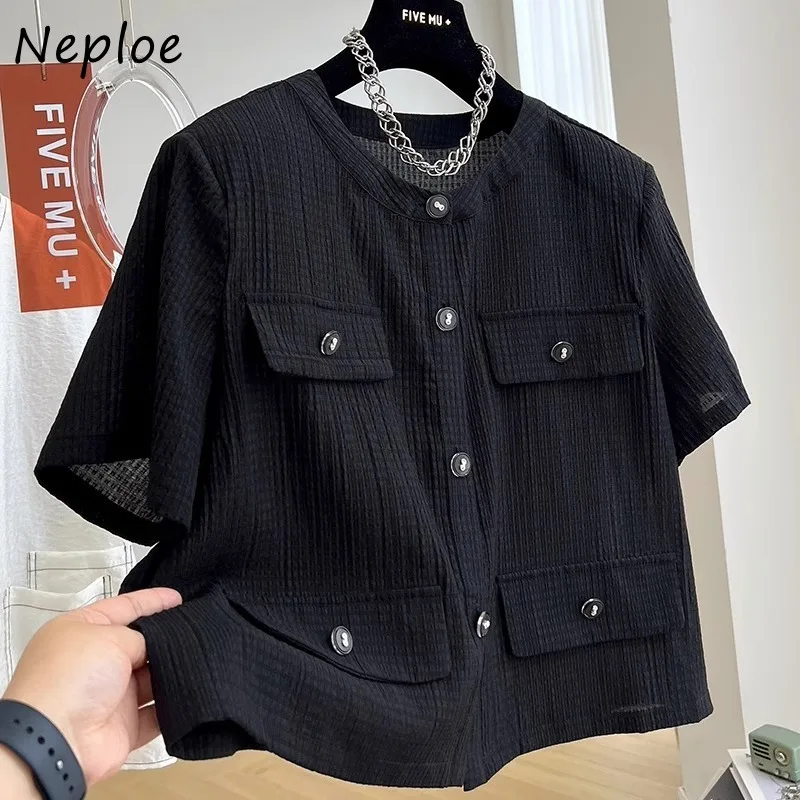 Neploe Elegant Fashion O-neck Black Blouses 2024 Summer New Single Breasted Shirts Women Y2k Short Sleeve Loose Blusas Mujer