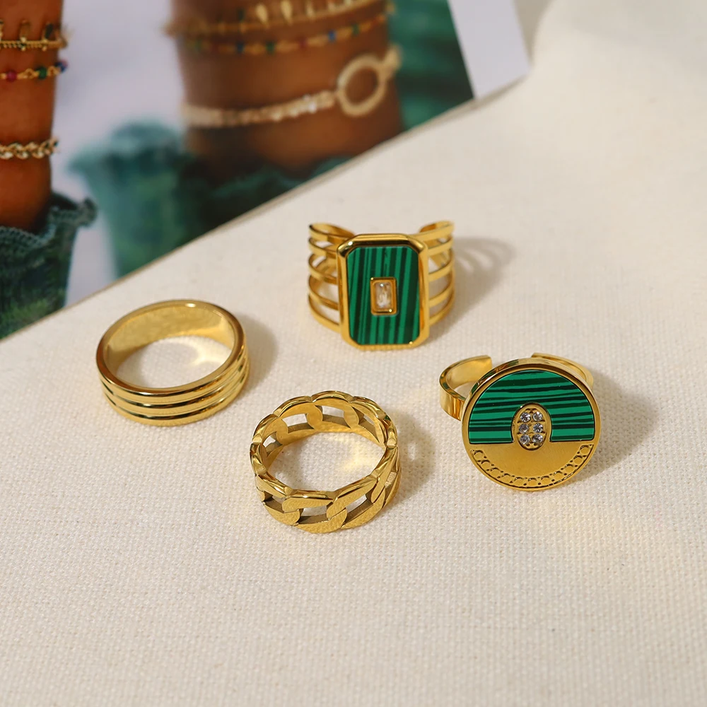 

WILD & FREE 18K Gold Plated Stainless Steel Rings for Women Luxury Malachite Crystal Simple High Quality Jewelry Waterproof
