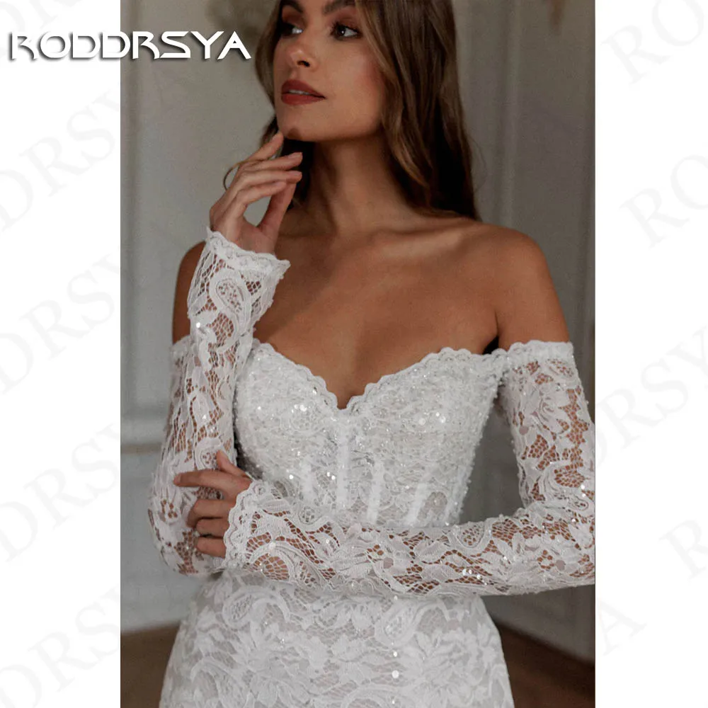 RODDRSYA Glitter Sequined Lace Wedding Dress vestidos de novias 2024 Mini Boho Long Sleeves Bridal Dresses Off Shoulder Civil