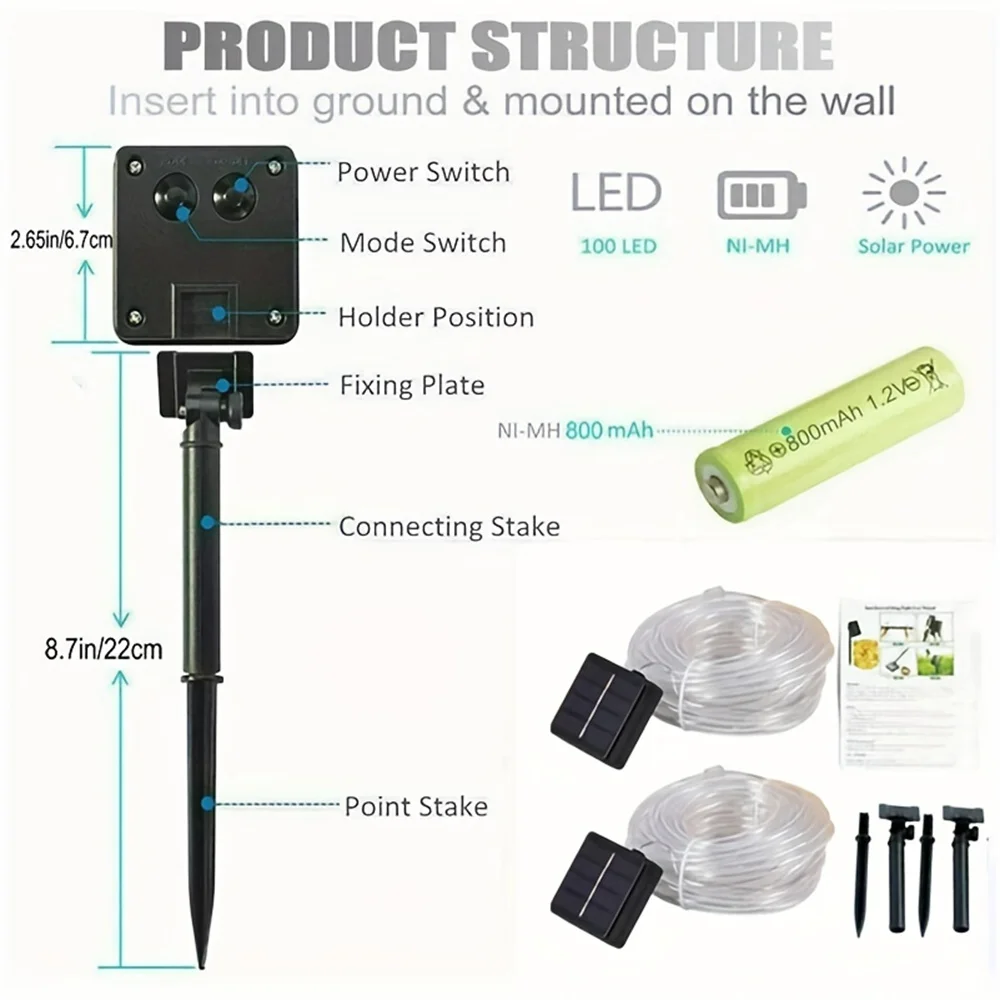 Guirnalda de luces LED solares para iluminación de jardín, cuerda de tubo para todas las ocasiones, 22m, 12m, 7m