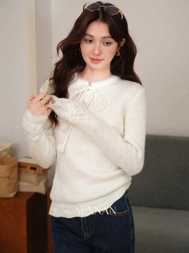 เสื้อสเวตเตอร์ผู้หญิง ALXNAN สีแอปริคอท คอผูก แขนยาว ทรงหลวม สไตล์ลำลอง อุ่นสบาย เหมาะสำหรับฤดูใบไม้ร่วงและฤดูหนาว แฟชั่นอเนกประสงค์ รุ่น L60139