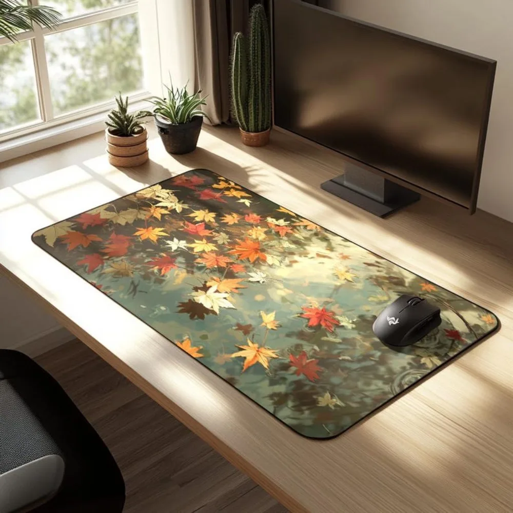 Serene Maple Leaf Desk Mat Giant Lofi Aesthetic Deskmat laptop accessories office desk accessories organizador escritorio