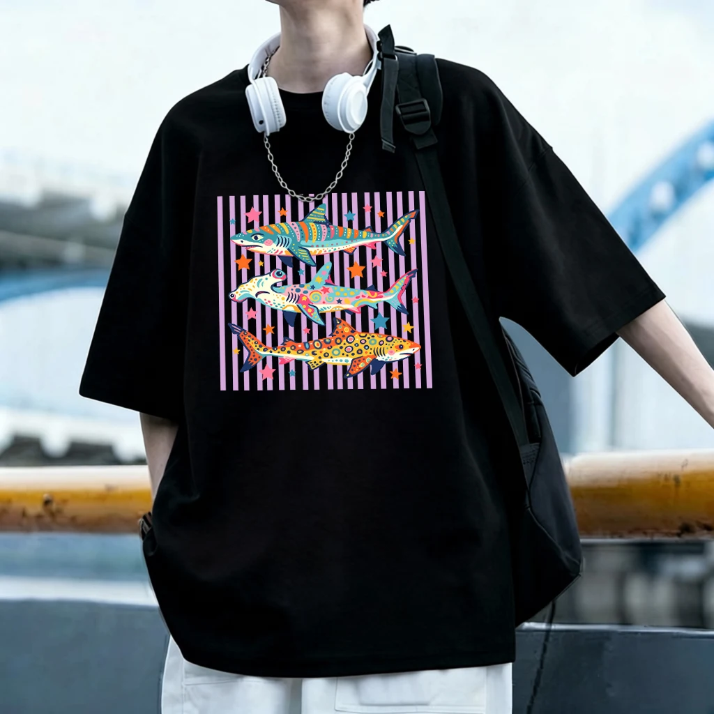 Colorful Shark Star Stripe Pattern Men Summer Cotton T Shirt All-Match Casual Short Sleeve Sport Clothes Youthful Street Tops