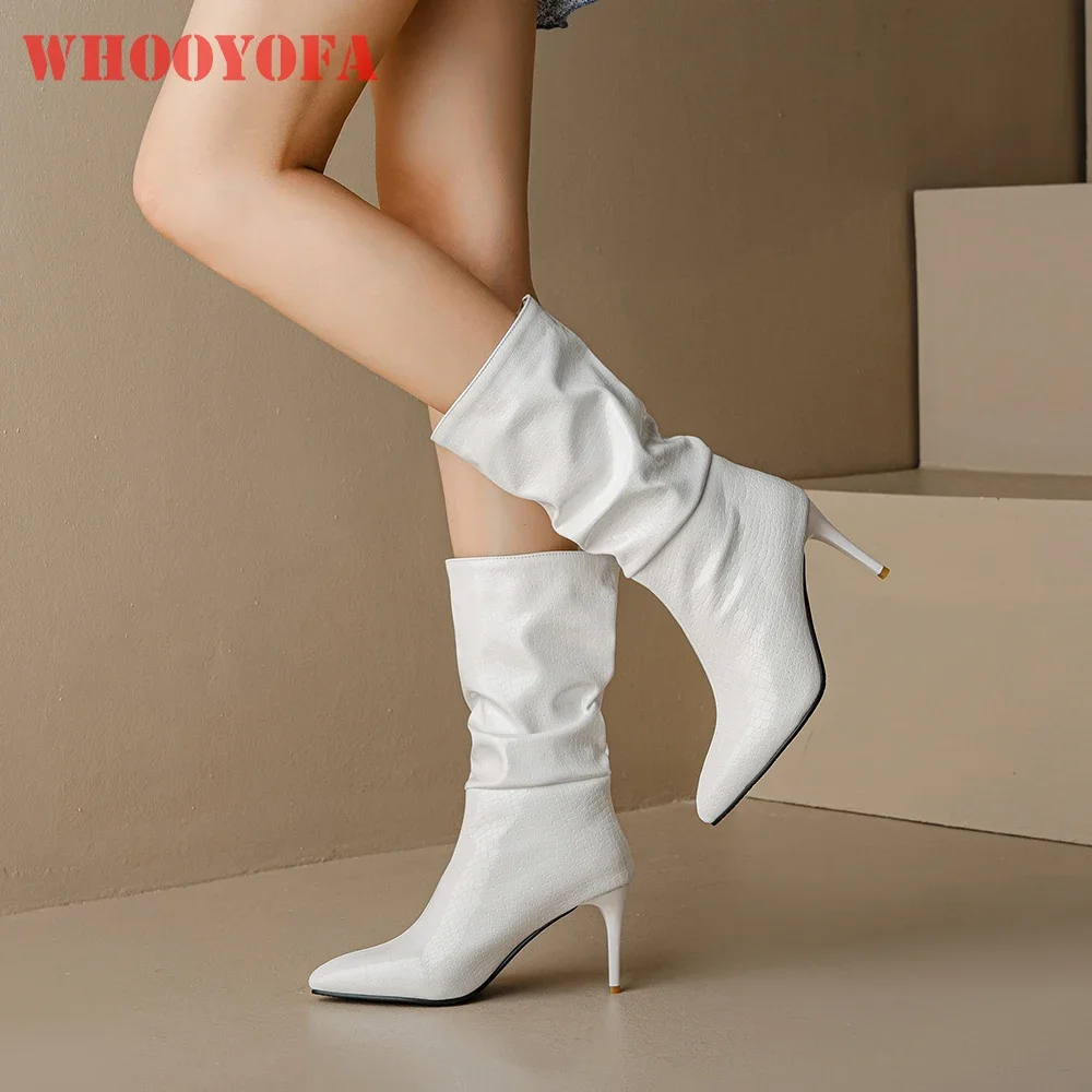 

Новые зимние модные белые, черные женские ботинки до середины икры, сексуальные женские туфли на тонком высоком каблуке для вечеринок, большие размеры 10,3, 45, 48