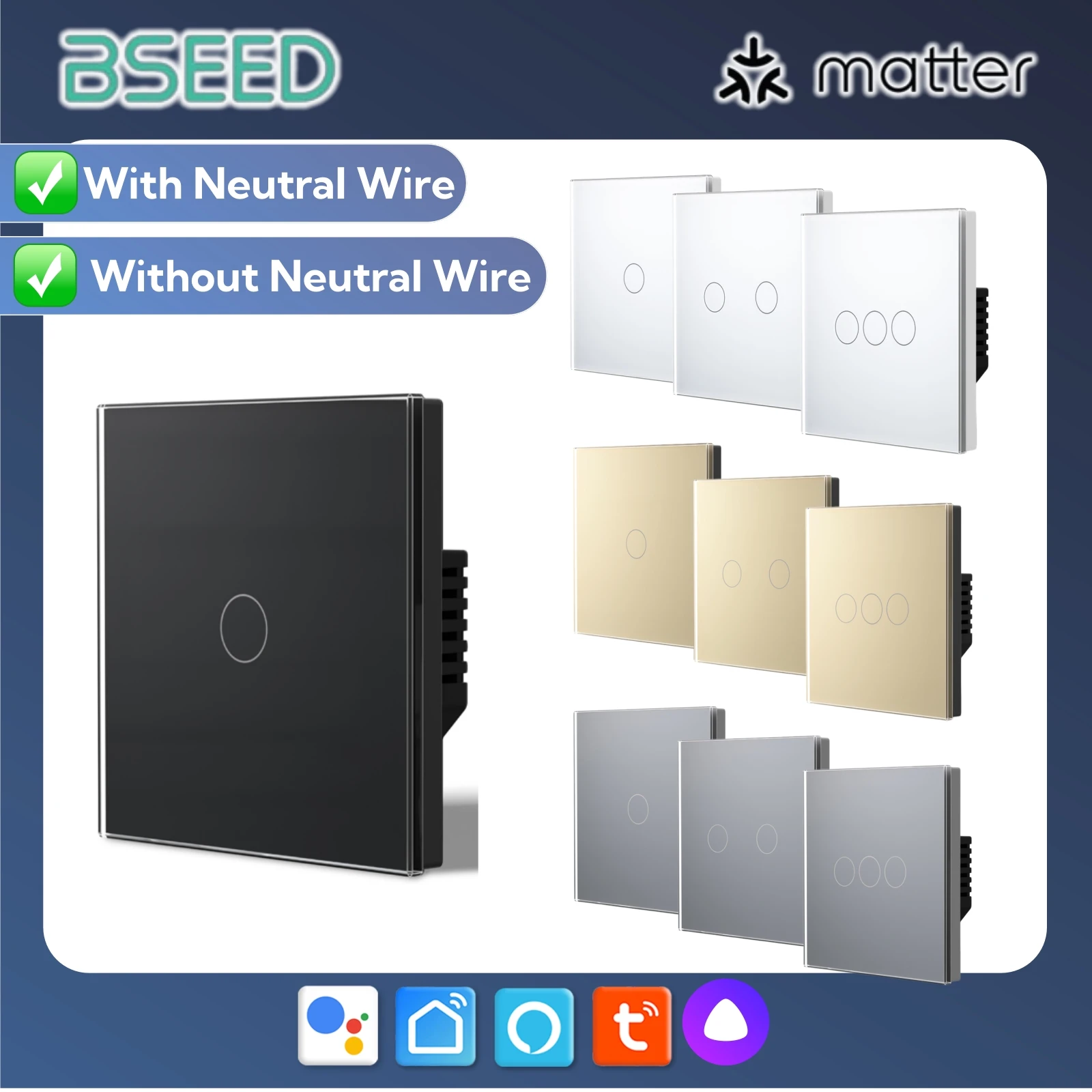 BSEED Tuya Matter WLAN-Smart-Lichtschalter, kein Neutralleiter erforderlich, kompatibel mit Alexa und Google Home, 1/2/3-fach Touch-Wandschalter aus Glas