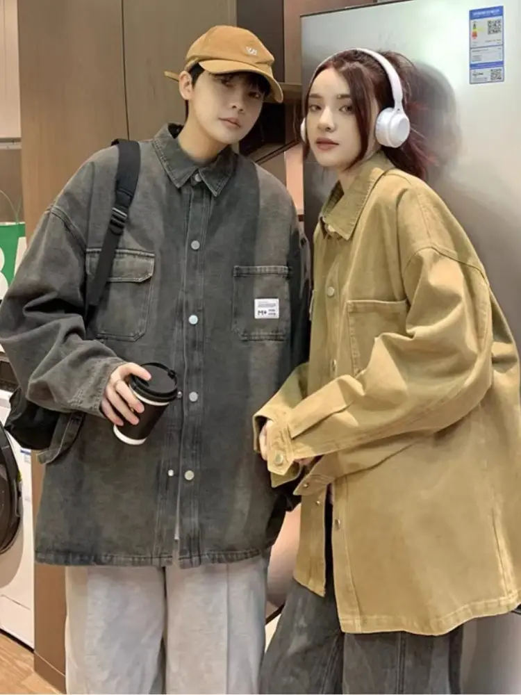 

Американская джинсовая куртка в стиле ретро для мужчин, весенне-осенняя, свободного кроя, в рабочем стиле, для подростков и пар, с отложным воротником, ветрозащитная, стандартный крой