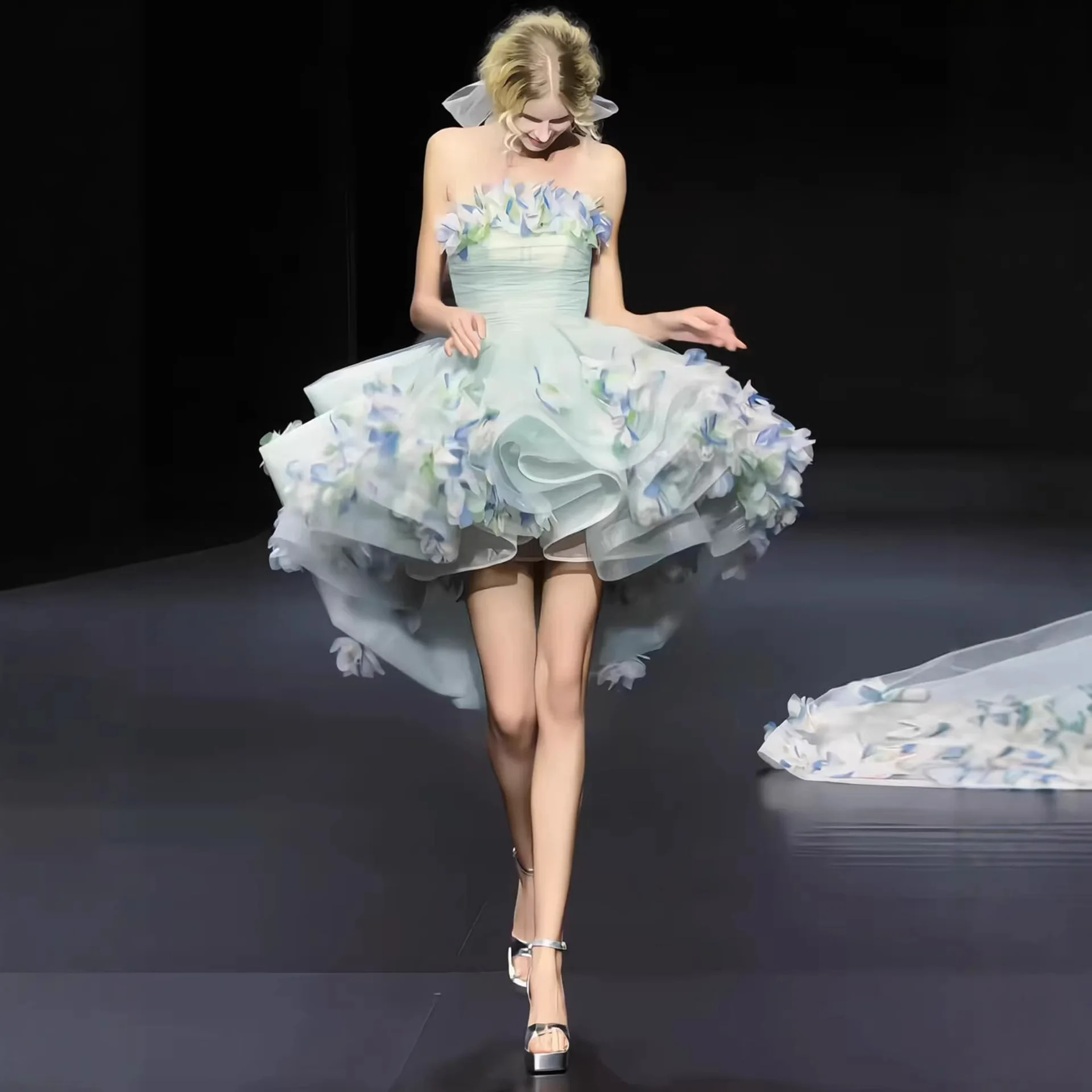 

Strapless 2026 New Sweet Evening Dresses Lace Appliques With Flowers Fairy Knee-length Princess Ball Gowns Prom Dress Vestidos
