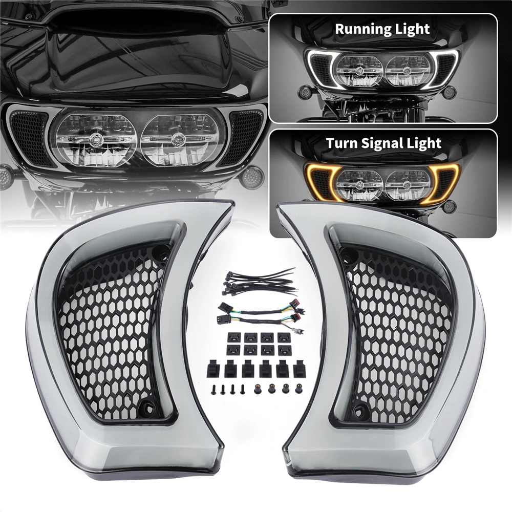 Motorcycle Smoke White Tracer Headlight Vent Accent LED Indicator Lights Turn Signal Lamps for Harley Road Glides 2015-UP