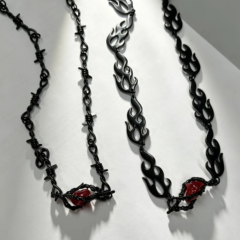 2-piece Gothic black layered necklace set with barbed wire and flame chain, red heart thorn pendant, stacked necklace jewelry