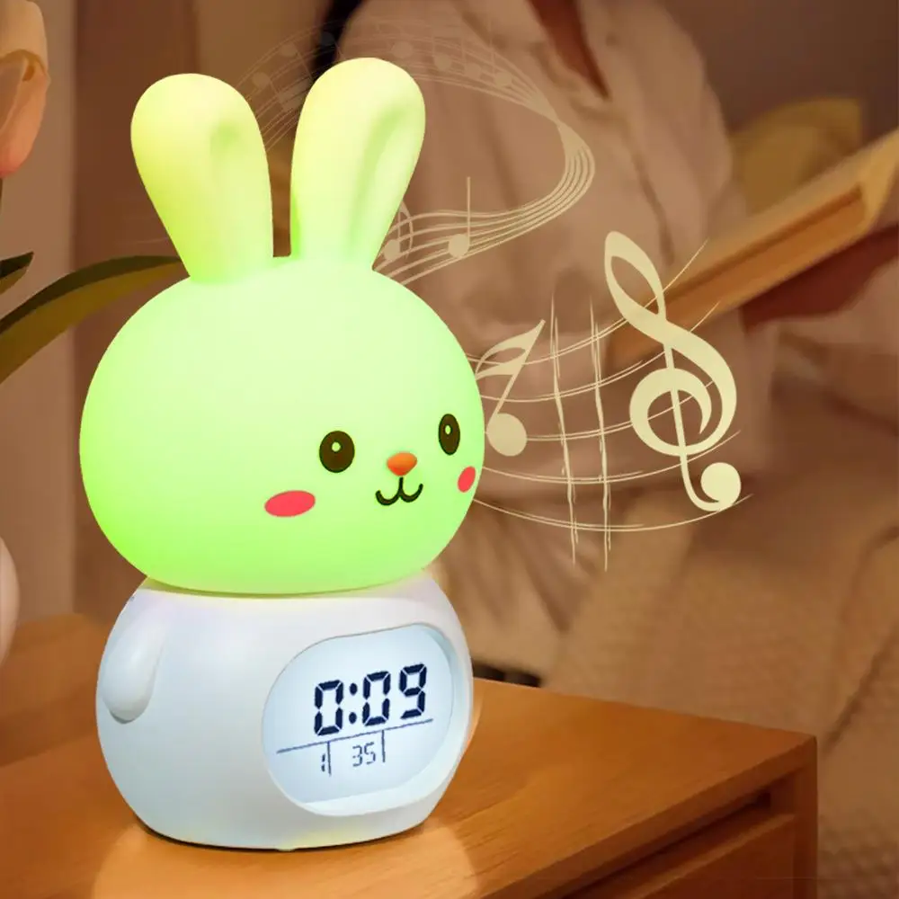 Cute Rabbit Silicone Vibrating Alarm Clock Intelligent Bedside Rechargeable Night Light Snooze Alarm Timer