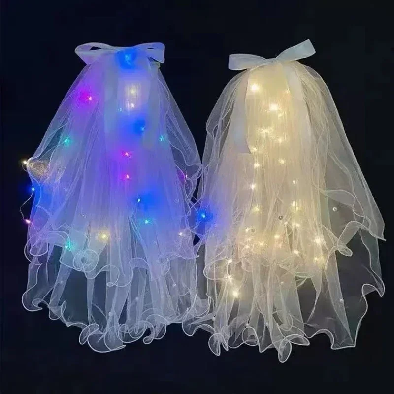 LED Light Glowing Veil Ribbon Bow Glitter VeilTwo Layers Bridal Wedding Veils Soft Tulle Bridal Veils Accessories