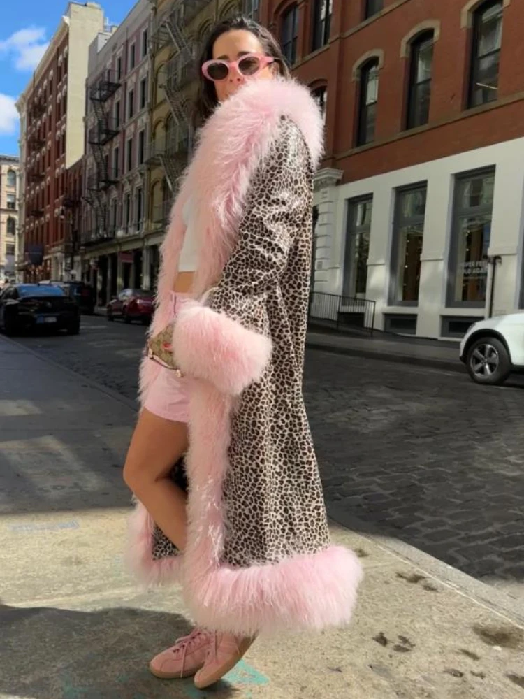 X-Long Leopard Printed Leather Fake Shearling Maxi Coats Women Faux Fur Trim Winter Jacket Women's PU Leather Long Slim Outwear