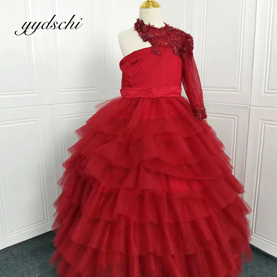 

One Shoulder Flower Girl Dresses Elegant Princess Embroidery Beaded Satin Tulle Ball Gown For Kids Birthday Party Dress Dress