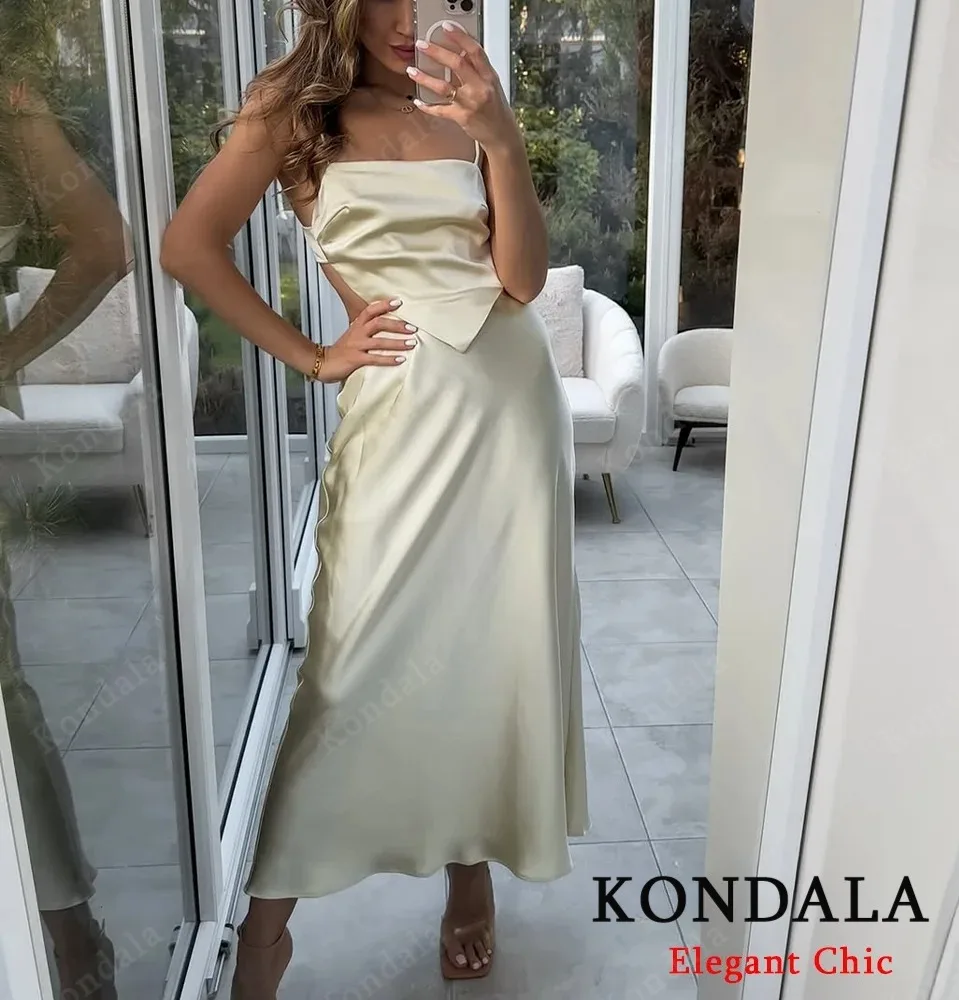 KONDALA Donna Autunno Abito lungo in raso sexy Abito con bretelle sottili Abito con scollo all'americana 2025 Nuova moda estiva Elegante abito da cena romantico