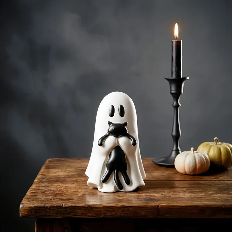 Halloween Ghost Hold Black Cat Figurine Resin Statue Cute Ghost Cat Ornament for Home Tabletop Decor Halloween Party Decoration