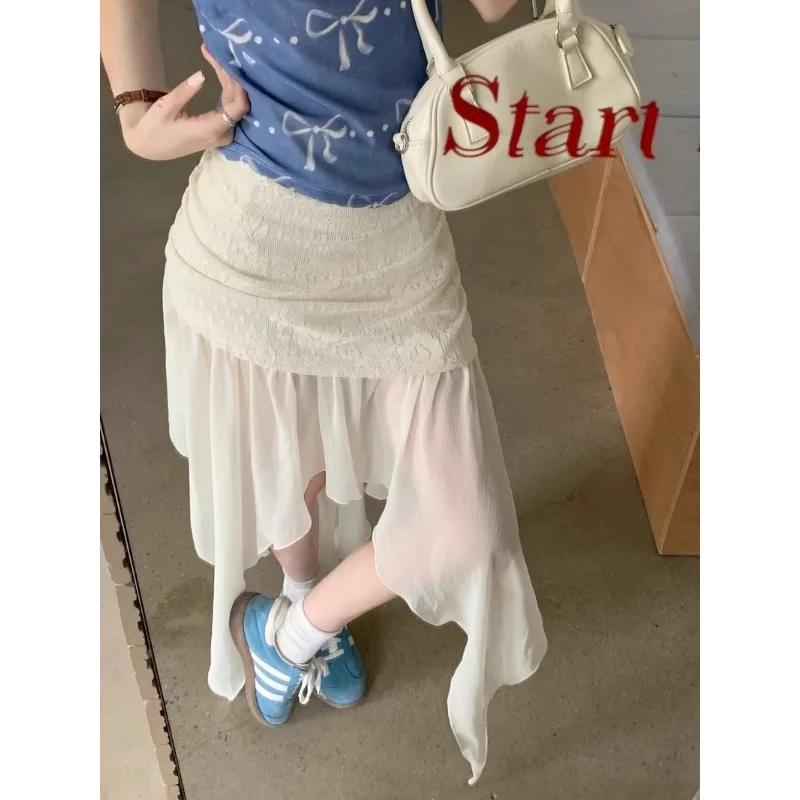 Vintage Korean Retro High Street Low Waist Asymmetry Mesh Skirt + Bow Print Vest 2 Pieces Suit