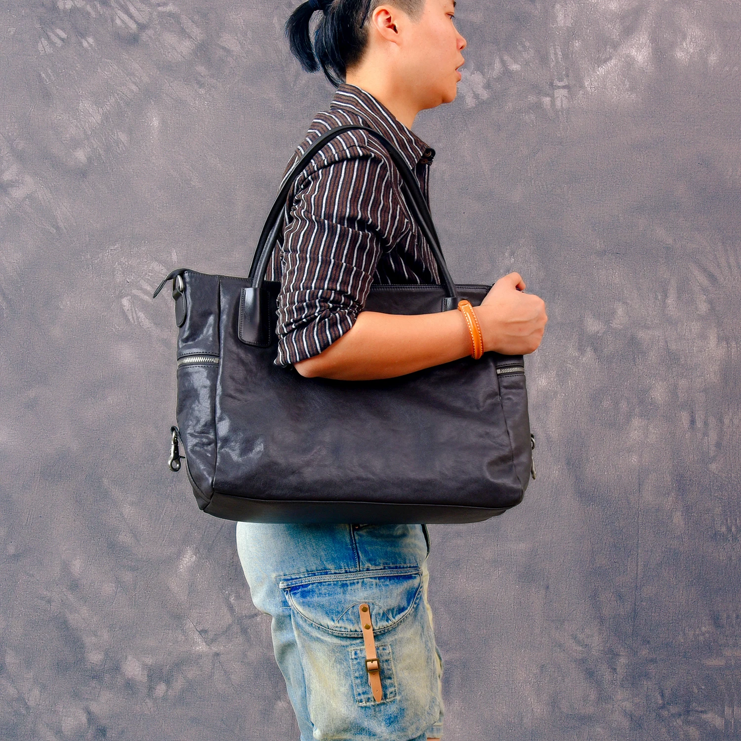 casual handmade vegetable tanned cowhide men's women's large-capacity briefcase fashion vintage real leather black handbag