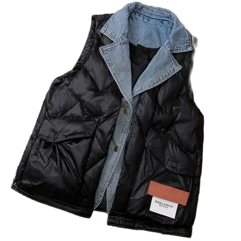 2024Autumn Winter Large Size Down Vest Coat Women New Fashion Loose Casual Short Waistcoat Fake Two Pieces Denim Splicing Female