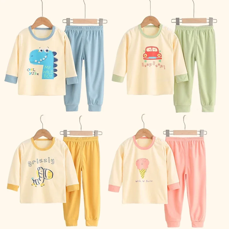 Conjuntos de ropa interior de manga larga para niños y niñas, ropa de dormir con dibujos animados, cuello redondo, Otoño e Invierno