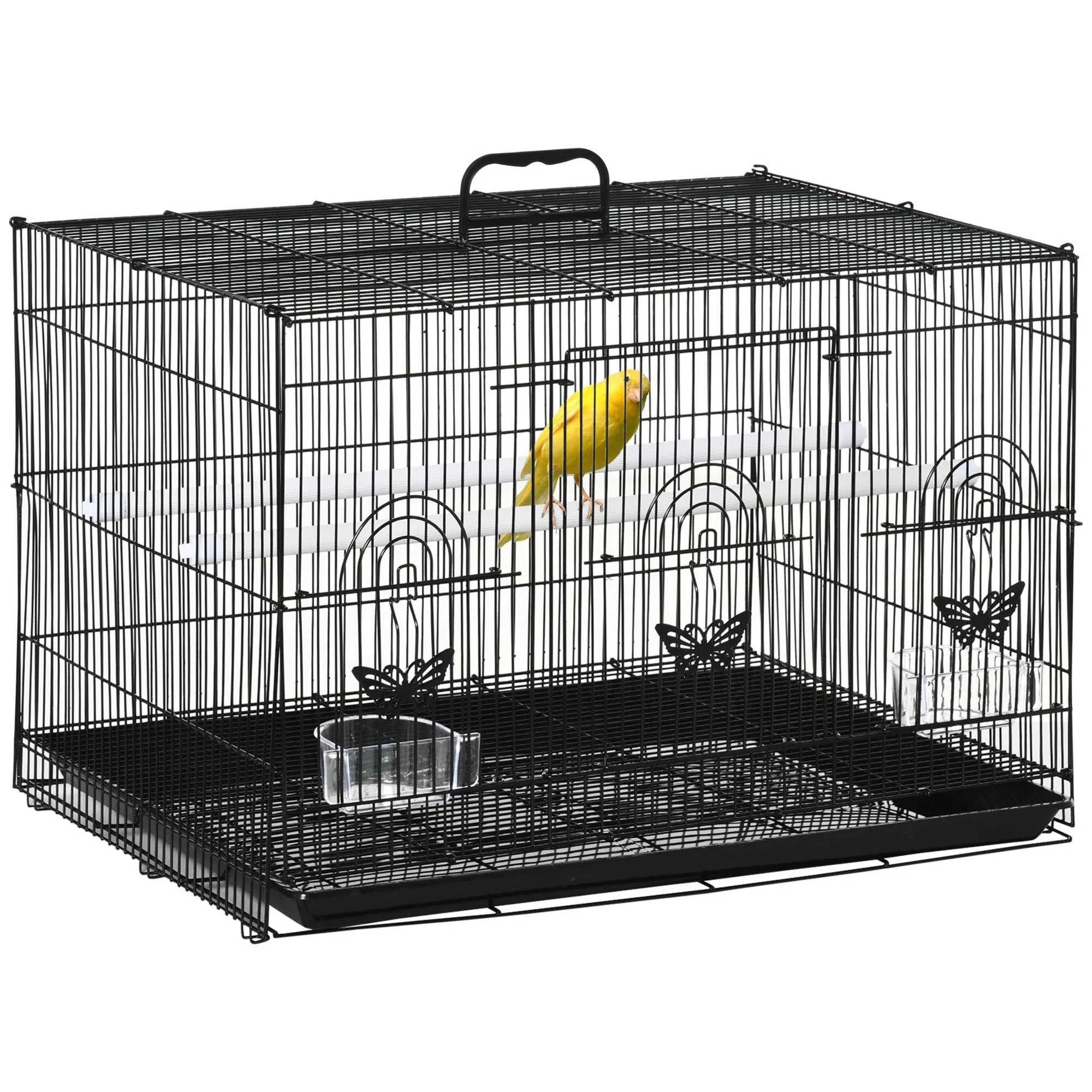 PawHut Metal bird cage 60x41x41 cm with feeders and 2 black hangers