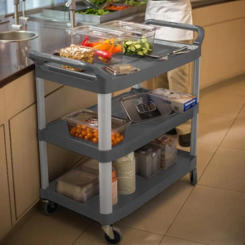 Rubbermaid Commercial Products Heavy Duty 3-Shelf Rolling Service/Utility/Push Cart, 300 lbs. Capacity, Gray