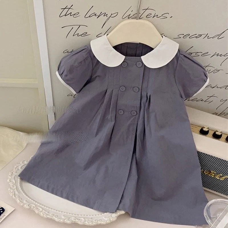 Girl's Princess Dress Summer Solid Color Retro British Style Cute Doll Neck Children's Dress Thin Style Cotton Baby Girl Dress