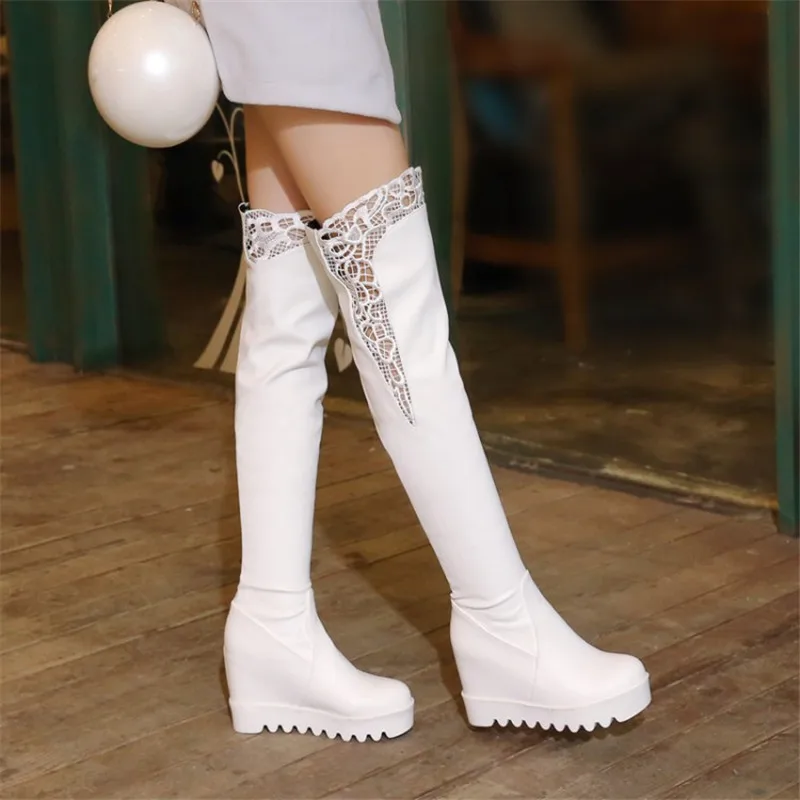 PXELENA-Botas por encima de la rodilla para mujer, zapatos con plataforma oculta, tacón alto hasta el muslo, encaje blanco y negro, moda 34-43